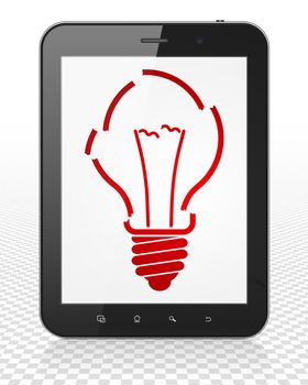 Finance concept: Tablet Pc Computer with red Light Bulb icon on display