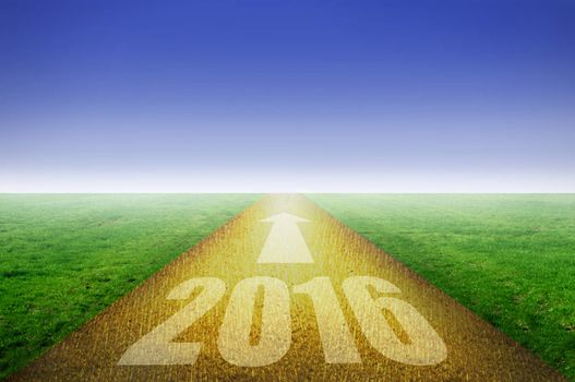 2016 on golden road with green grass on each side 