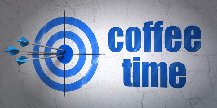 Success time concept: arrows hitting the center of target, Blue Coffee Time on wall background