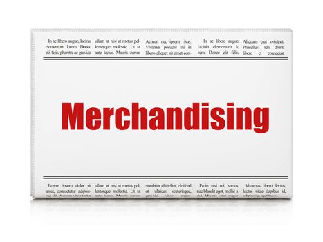 Advertising concept: newspaper headline Merchandising on White background, 3d render