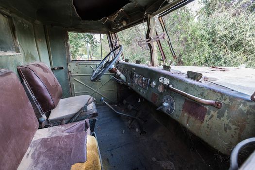 the old military vehicle, inside the cabin