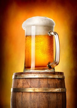 Beer with cask on a yellow background