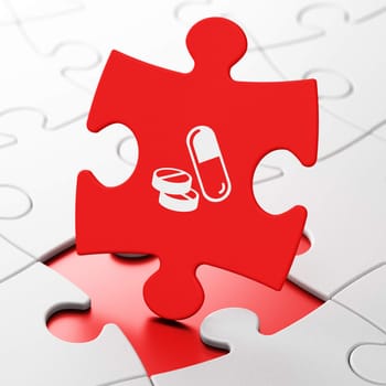 Health concept: Pills on Red puzzle pieces background, 3d render