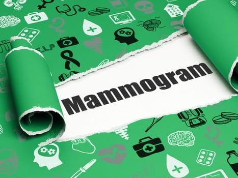Medicine concept: black text Mammogram under the curled piece of Green torn paper with  Hand Drawn Medicine Icons
