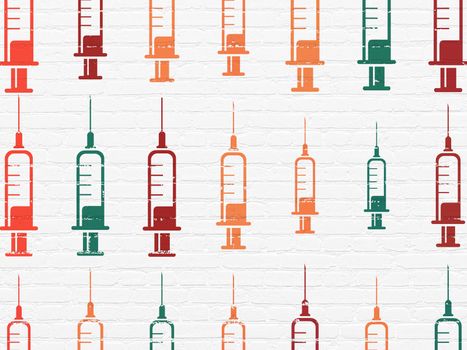 Health concept: Painted multicolor Syringe icons on White Brick wall background