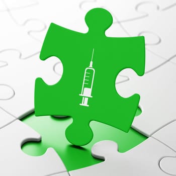 Medicine concept: Syringe on Green puzzle pieces background, 3d render