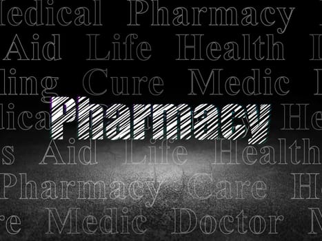 Health concept: Glowing text Pharmacy in grunge dark room with Dirty Floor, black background with  Tag Cloud