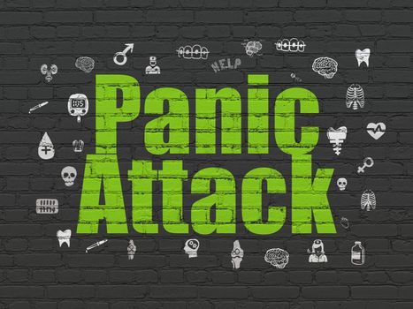 Health concept: Painted green text Panic Attack on Black Brick wall background with  Hand Drawn Medicine Icons