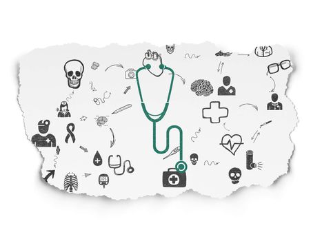 Health concept: Painted green Stethoscope icon on Torn Paper background with Scheme Of Hand Drawn Medicine Icons