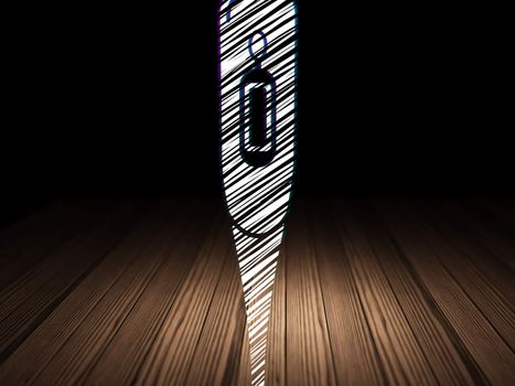 Health concept: Glowing Thermometer icon in grunge dark room with Wooden Floor, black background