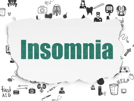 Health concept: Painted green text Insomnia on Torn Paper background with Scheme Of Hand Drawn Medicine Icons