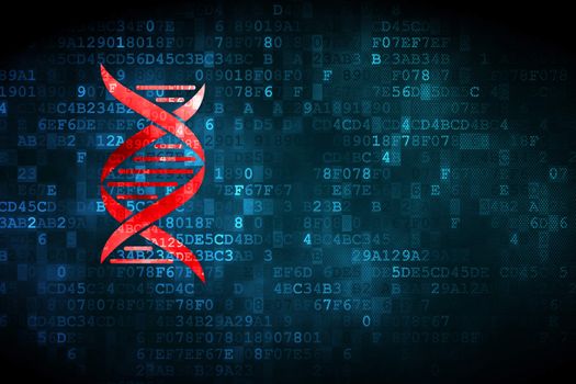 Science concept: pixelated DNA icon on digital background, empty copyspace for card, text, advertising