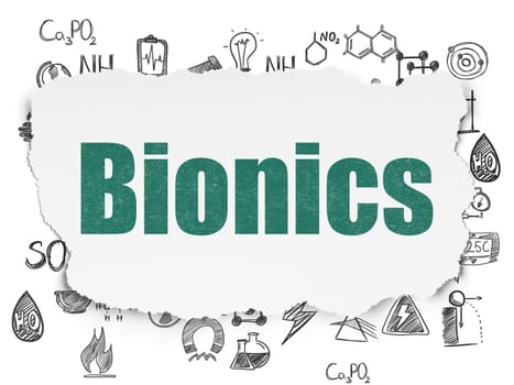 Science concept: Painted green text Bionics on Torn Paper background with  Hand Drawn Science Icons