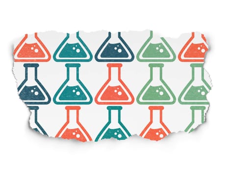 Science concept: Painted multicolor Flask icons on Torn Paper background