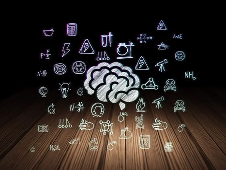 Science concept: Glowing Brain icon in grunge dark room with Wooden Floor, black background with  Hand Drawn Science Icons