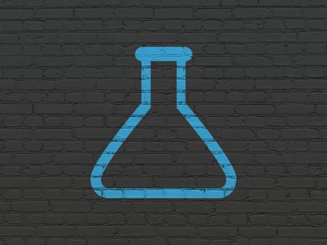 Science concept: Painted blue Flask icon on Black Brick wall background