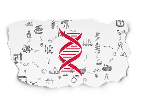 Science concept: Painted red DNA icon on Torn Paper background with Scheme Of Hand Drawn Science Icons