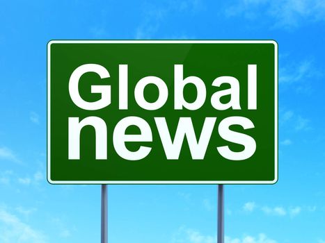 News concept: Global News on green road highway sign, clear blue sky background, 3d render