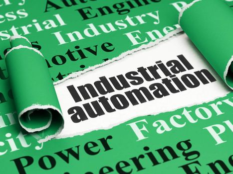Industry concept: black text Industrial Automation under the curled piece of Green torn paper with  Tag Cloud