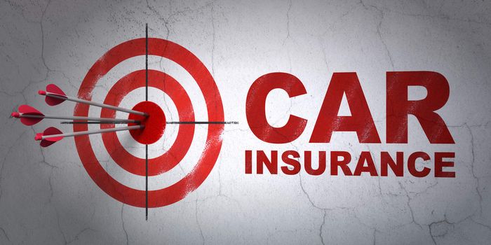 Success Insurance concept: arrows hitting the center of target, Red Car Insurance on wall background