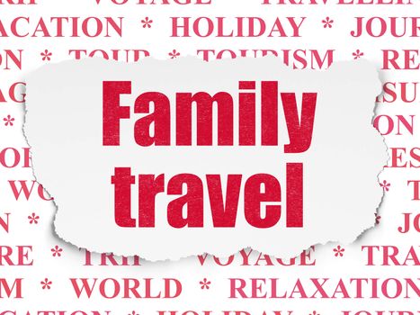 Travel concept: Painted red text Family Travel on Torn Paper background with  Tag Cloud