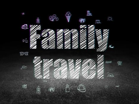 Tourism concept: Glowing text Family Travel,  Hand Drawn Vacation Icons in grunge dark room with Dirty Floor, black background