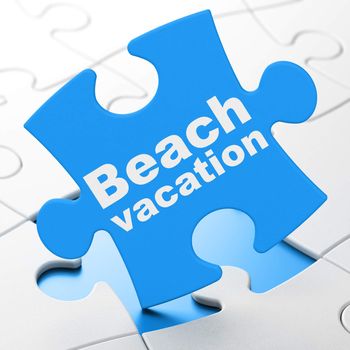 Vacation concept: Beach Vacation on Blue puzzle pieces background, 3d render