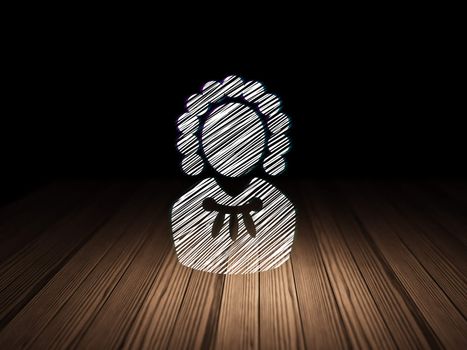 Law concept: Glowing Judge icon in grunge dark room with Wooden Floor, black background