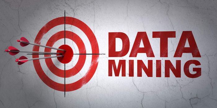 Success Information concept: arrows hitting the center of target, Red Data Mining on wall background