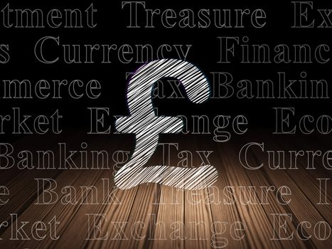 Currency concept: Glowing Pound icon in grunge dark room with Wooden Floor, black background with  Tag Cloud