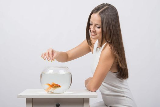A young girl sits next to a round aquarium in which swimming goldfish