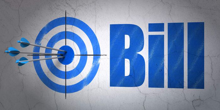 Success money concept: arrows hitting the center of target, Blue Bill on wall background