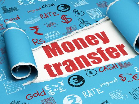 Money concept: red text Money Transfer under the curled piece of Blue torn paper with  Hand Drawn Finance Icons