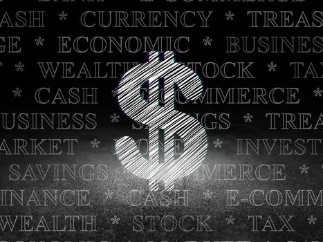 Banking concept: Glowing Dollar icon in grunge dark room with Dirty Floor, black background with  Tag Cloud