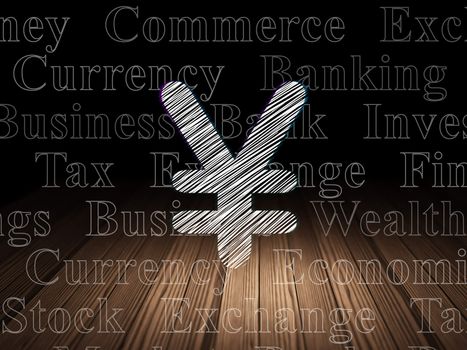 Banking concept: Glowing Yen icon in grunge dark room with Wooden Floor, black background with  Tag Cloud