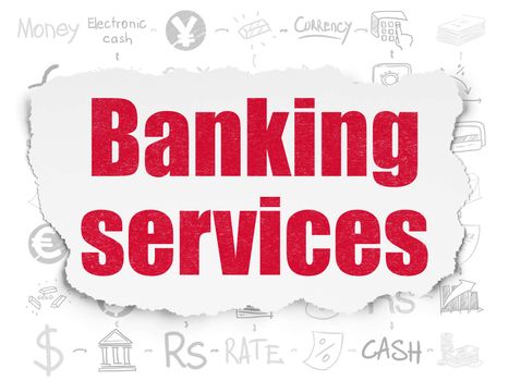 Banking concept: Painted red text Banking Services on Torn Paper background with Scheme Of Hand Drawn Finance Icons