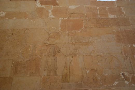 Relief depicting the Goddess Hatshepsut Temple of Hatshepsut at Theban necropolis, Luxor neighborhood, Egypt. The images on the walls of the Temple of Hatshepsut