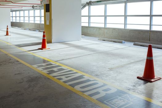 Empty car parking line and red cone with walk way, can use as background