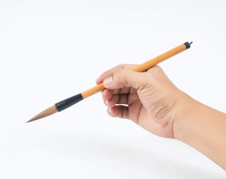 man hand and brown brush on white background