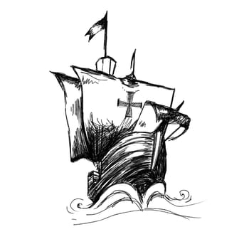 ship of  Christopher Columbus . Hand drawing by black pencil on white background