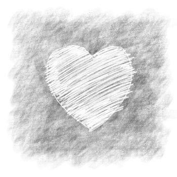 white doodle heart on grey crayon background . hand drawing by pencil and crayon