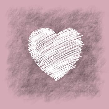 white doodle heart on grey and pink background , hand drawing by pencil and crayon