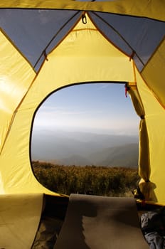 Traveling. Tourism. Tourist tent camping in mount