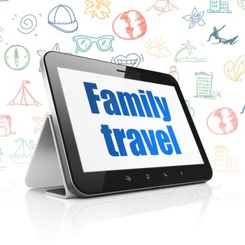 Vacation concept: Tablet Computer with  blue text Family Travel on display,  Hand Drawn Vacation Icons background