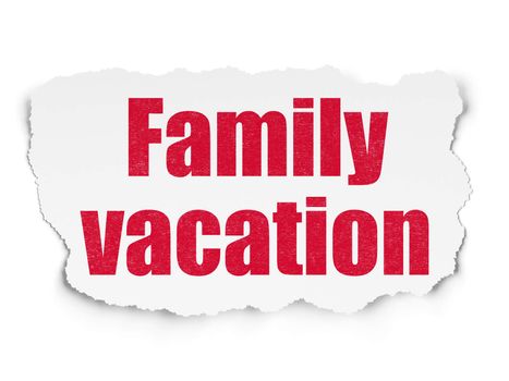 Tourism concept: Painted red text Family Vacation on Torn Paper background with  Tag Cloud