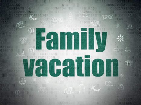 Tourism concept: Painted green text Family Vacation on Digital Paper background with  Hand Drawn Vacation Icons