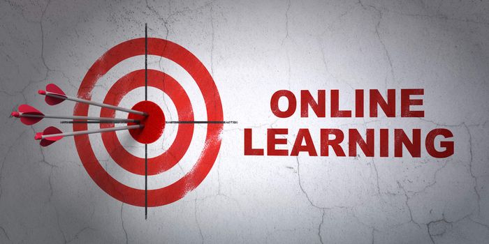 Success Learning concept: arrows hitting the center of target, Red Online Learning on wall background