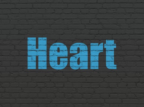 Healthcare concept: Painted blue text Heart on Black Brick wall background