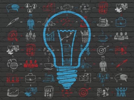 Finance concept: Painted blue Light Bulb icon on Black Brick wall background with Scheme Of Hand Drawn Business Icons