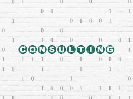 Business concept: Painted green text Consulting on White Brick wall background with Binary Code